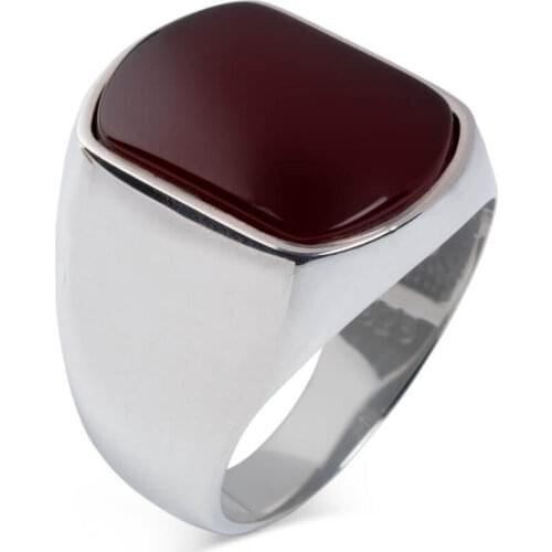 925 Sterling Silver Plain Agate Burgundy Stone Mens Ring Silver Ring for Men with Agate Gemstone