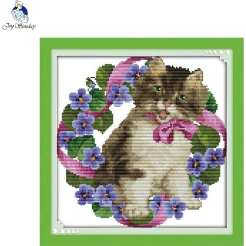 Joy sunday animal style Ribbon kitten cross stitch embroidery kit stamped fabric for easy needlework