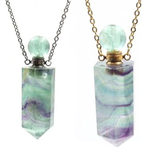 Necklace Perfume Bottle Natural Gems Stone Essential Oil Diffuser Quartz Fluorite Pendants Pointed Charm Chain Necklaces Women