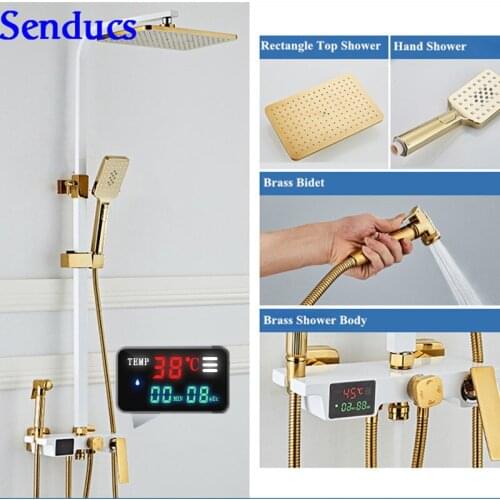 Senducs White Gold Digital Shower Set Luxury Thermostatic Bathroom Shower System Quality Brass Shower Faucet Gold Digital Shower