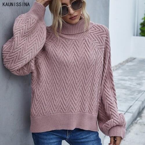 New Autumn Turtleneck Sweater Womens Long Lantern Sleeve Knitwear Loose Pullover Ladies Solid Knitting Streetwear Outwear