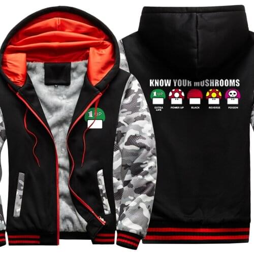 Know Your Mushrooms Camouflage Mens Raglan Thicken Jackets Keep Warm Long Sleeve Fashion Korean Style Tops Retro sudadera hombre