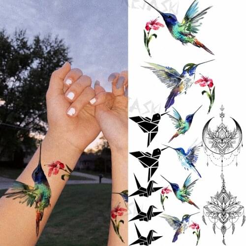Watercolor Hummingbird Wrist Temporary Tattoos For Women Adult Paper Crane Pendant Realistic Fake Tattoo Body Art Washable Tatoo