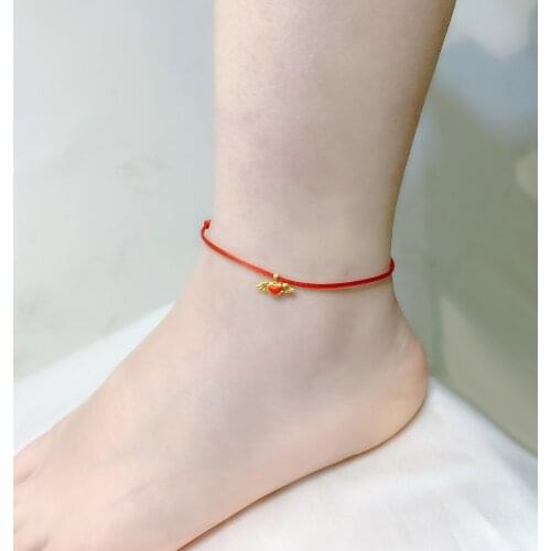 XF800 Real 24K Gold Anklet AU999 Gold Angel Heart Shape Pendant Adjustable Red Rope Fine Jewelry Gift For Women J577