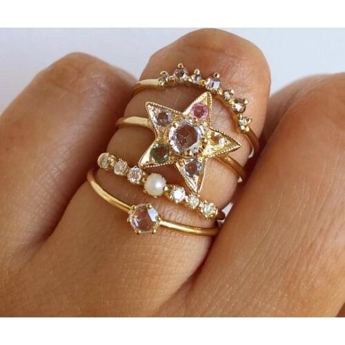 Jewdy Fashion classic Crystal star Gold Color Rings Set Hollow Out Vintage gold Rings Set Simple Women Jewelry 4pcs