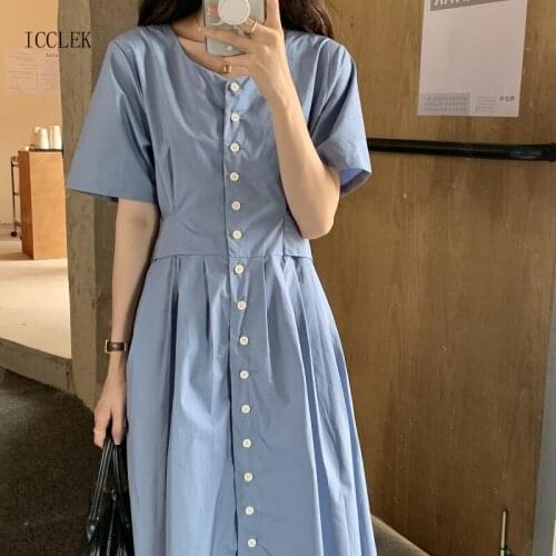 2021 French Elegant O-Neck Single-Breasted Lace-Up Waist Slim Summer New One-Piece Korean Womens Casual Office Midi Dresses