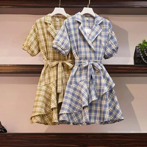 Women Dress Summer New girl Student Fashion Plaid dress Female Suit Collar Ruffle Short Sleeve Plus Size Irregular Dress Vestido