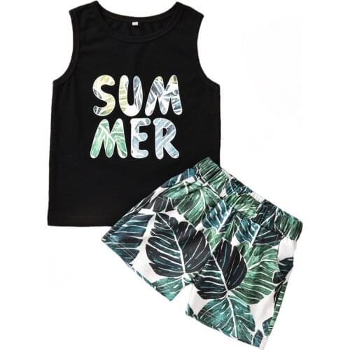2021 Summer Kids Boys Fashion 2-piece Outfit Set Sleeveless Letter Print Tops+Shorts Set for Children Boys Black 90-130 Size