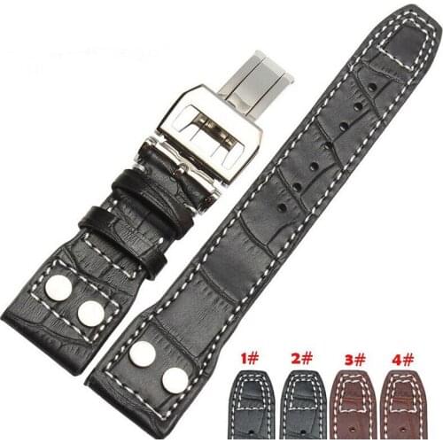 22mm Black Genuine Leather Rivet Watch Band Strap Deployment For BRAND Big Pilot Free Shipping