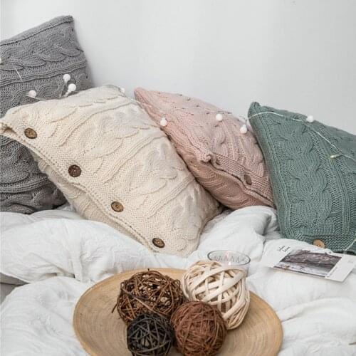 Knitted Cushion Cover with Botton Beige Pink Grey Green Solid Pillow Case For Sofa Bed Room Home Decorative Pillow Cover 45x45cm