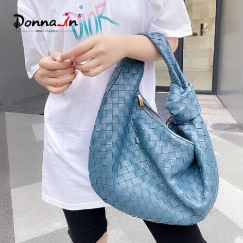 Donna-in 2021 New Women' Bags Natural Sheepskin Handmade Woven Blue Handbags Casual Large Capacity Zipper Tote Shoulder Bags