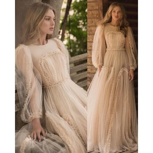 Verngo Fairy Tulle Puff Long Sleeves Flowers Girls Dresses O-Neck A Line Floor Length Girls Pageant Dress