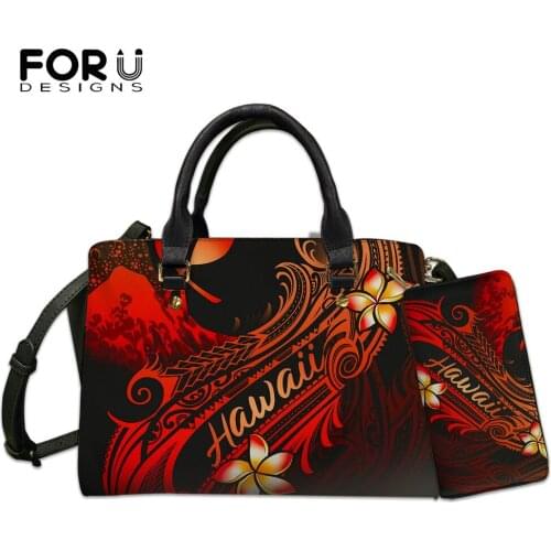 FORUDESIGNS Vintage Women Shoulder Bag And Wallet 2pcs Set Hawaiian Plumeria Style Lady Pu Leather Large Handbag Tote Bags Mujer
