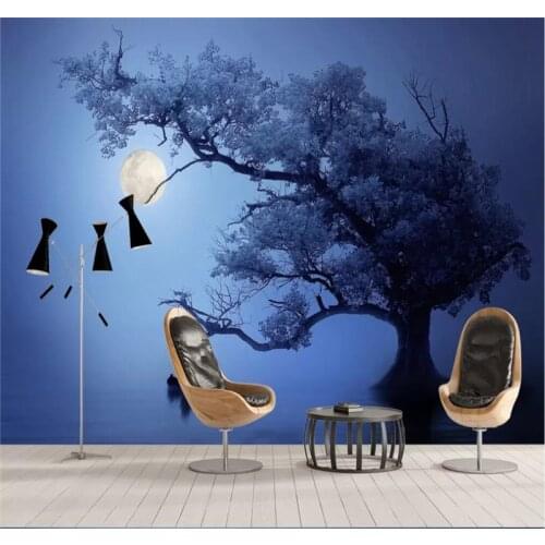 Customized 3d wallpaper new Chinese style ink art concept Zen night tree wall decoration painting silk waterproof material