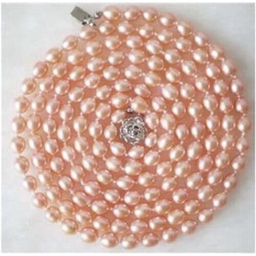 Beautiful new fashion Rice Shape Pink Akoya Cultured Pearl Necklace 50"Jewelry making Design Wholesale and retail