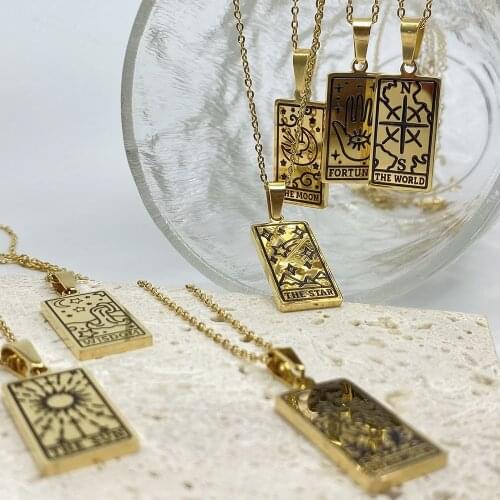 New Punk Tarot Card Drawing Pendant Stainless Steel 18K Gold Necklace Square Amulet Golden Silver Color for Women Men Jewelry