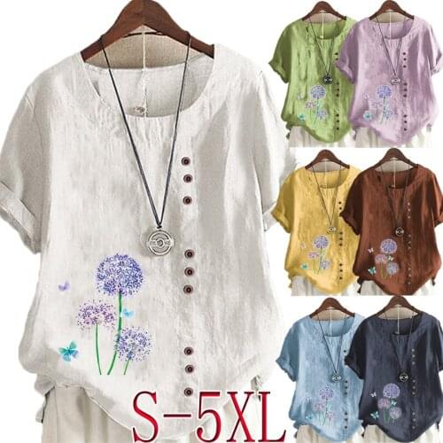 Summer Casual Floral Print Loose T-shirt Retro Cotton and Linen O-neck Plus Size Short-sleeved Womens Top S-5XL