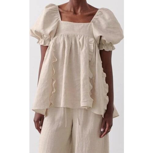 Fashion Design Ruffles Women White Blouse Summer New Puff Sleeved Loose Solid Elegant Office Lady Pulls Outwear Tops