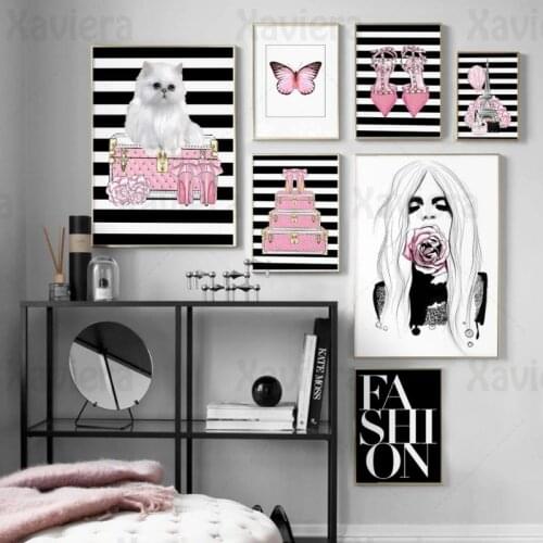 Modern Fashion Girl Poster Pink Box High Heels Girl Butterfly Pairs Tower Black White Line Wall Art Canvas Painting Home Decor