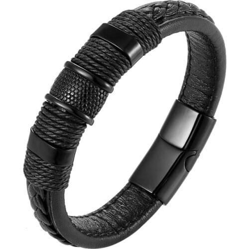 New Punk Style Design Genuine Leather Bracelet for Men Steel Magnetic Button Birthday Gift Male Bracelets Ladies Pulseira Homens