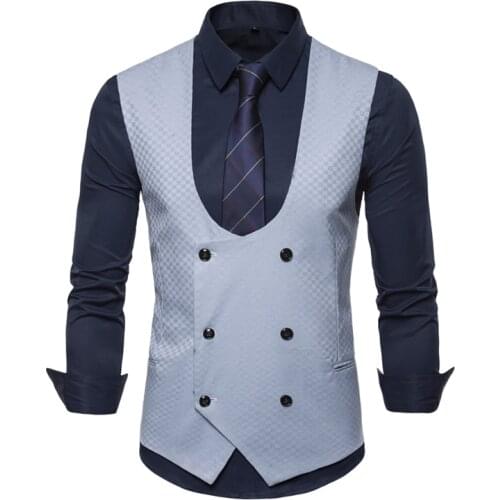 Men Formal Blazer Vests U-neck Lattice Satin Double-breasted Vests Back Pattern For Men Casual Waistcoat England Style