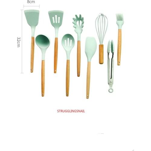 Silicone Cooking Utensils Set Non-stick Spatula Shovel Wooden Handle Cooking Tools Set With Storage Box Kitchen Tool Accessories