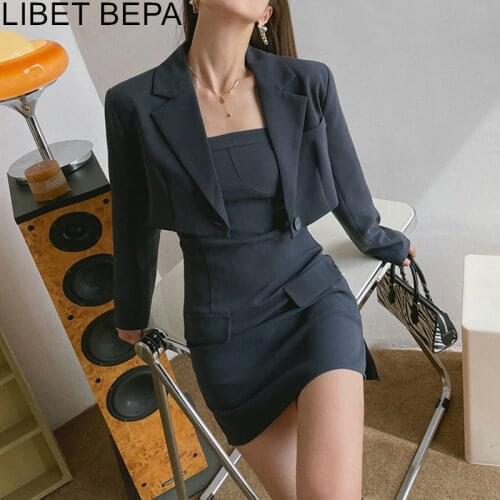New 2021 Autumn Winter Womens Sets 2 Pieces Blazer Sleeveless Dresses Fashionable Package Hip Elegant Vintage Lady Suits WS6739