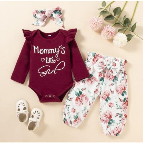 Newborn Infant Baby Girl Clothes Letter Printing Long Sleeve Ruffle Solid Tops+Floral Bowknot Pants+Headband Set