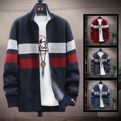 New autumn/winter jacket fashion stripe zipper sweater cardigan fleece warm wool sweater mens street casual coat
