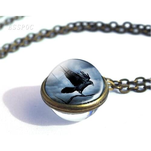 Steampunk Gothic Raven Necklace Double Side Glass Ball Pendant Crow Necklace Bird Jewelry for Men