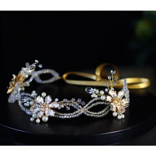 Luxury Elegant Women Headdress Golden Alloy Pearl Flower Rhinestone Chain Lace Head Band for Wedding Perform Studio Travel HP089