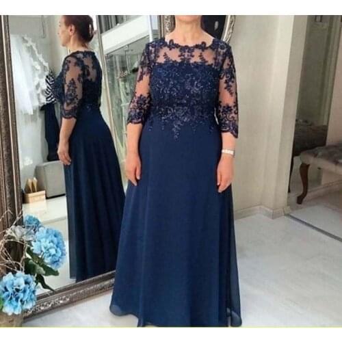 Blue Mother Of The Bride Dresses A-line 3/4 Sleeves Chiffon Appliques Beaded Groom Mother Dresses For Weddings