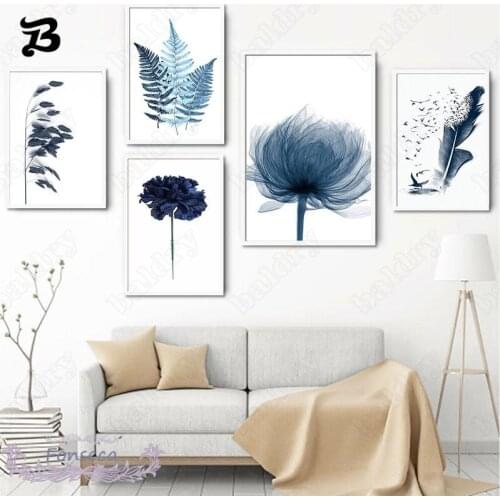 Nordic Modern Blue Flowers and Natural Scenery Canvas Painting Posters Prints Wall Art Simple Picture for Living Room Decoration