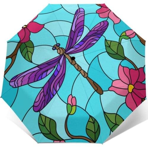 Stained Glass Style With Dragonfly Windproof Automatic Folding Inverted Umbrella Portable Paraguas for Man Woman