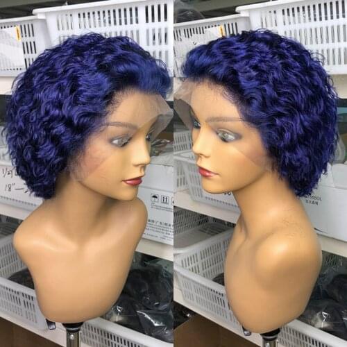 Dark Blue Pixie Cut Lace Front Human Hair Wig Short Curly Bob Pre Plucked T Part Lace Wig Bleached Knots 180% Brazilian Remy