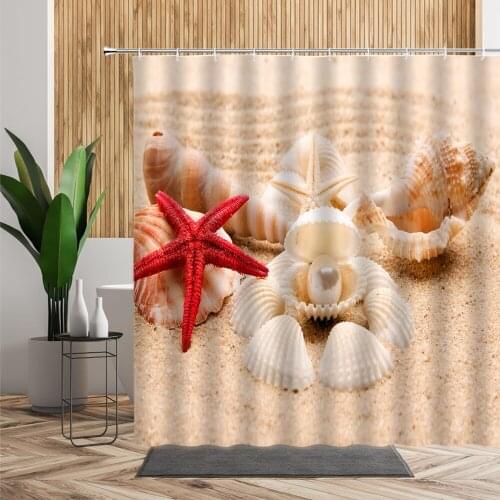Sandy Beach Shower Curtain Sets Starfish Shell Conch Pearl Bathroom Bath Decors Sea Scenery Backdrop Fabric Curtains For Bedroom