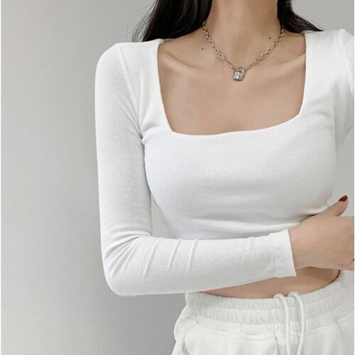 WOMENGAGA Spring Autumn All-match Causal Bottomed Tops Square Neck Long Sleeve Solid Color Women Tight Elastic T-shirt Dw6q
