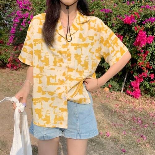 Button Up Shirt Ladies Summer New Style Retro Holiday Style Printed Shirt Casual Top