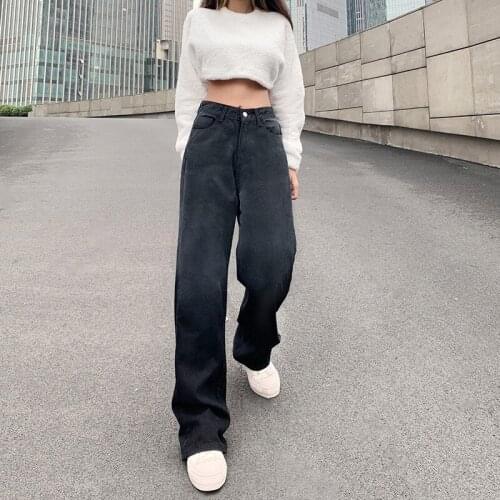 IMCUTE gradient tie-dye gray-black jeans women retro high-waist button wide-leg pants Harajuku street casual straight-leg pants