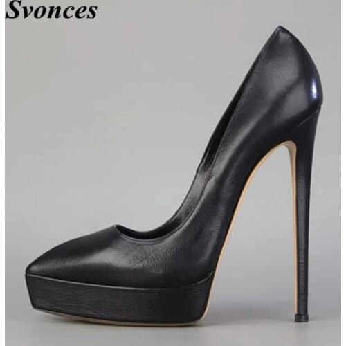 Italian Fashion Shoes Women Double Platform High Heels Runway Shoes Real Leather Black/ Red Classical Black Dress Shoes Lady