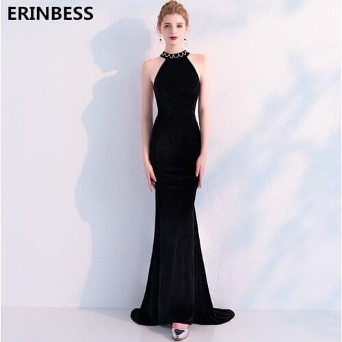 Vestido De Festa Halter Neck Black Velvet Mermaid Evening Dresses Long Robe De Soiree 2019 Beading Evening Dress Party Dress