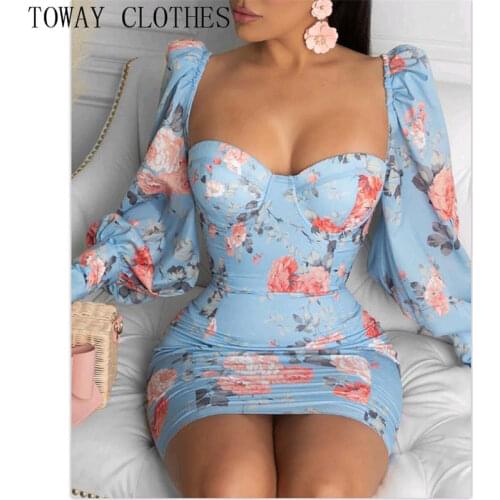 Women Square Neck Floral Print Lantern Sleeve Bodycon Dress Mini Sexy Sweet Holiday Dresses