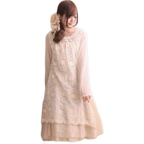 Applique hippie boho lolita lace ruffle linen cotton patchwork vestido vintage mujer sweet spring summer women long sleeve dress