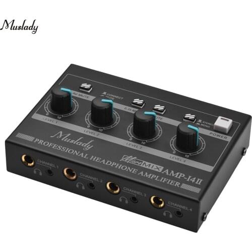 Muslady AMP-14 4-Channel Headphone Amplifier Compact Stereo Portable Headphone Amp with RCA/6.35mm/3.5mm Input Volume Control
