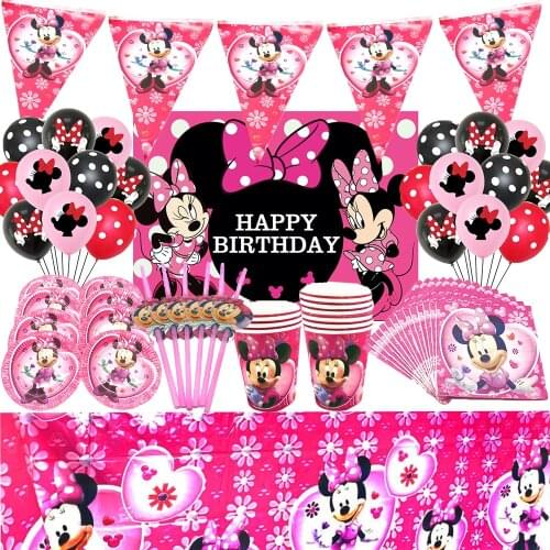 65 pcs/lot Pink Minnie Mouse Cartoon Birthday Party Decorations Plate Tablecloth Paper Cup Napkin Flexible Straw Tableware Set
