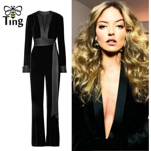 Tingfly Designer Celibrity Stylish Sexy Deep V neck Velvet Jumpsuits Fashion Bow Sashes Lady Velvet Long Casual Playsuit Rompers
