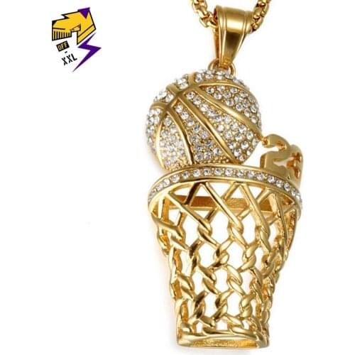 Hip Hop Iced Out Bling Full Rhinestone Men Basketball Pendants Necklaces Gold Stainless Steel Sports Necklace for Men Jewelry