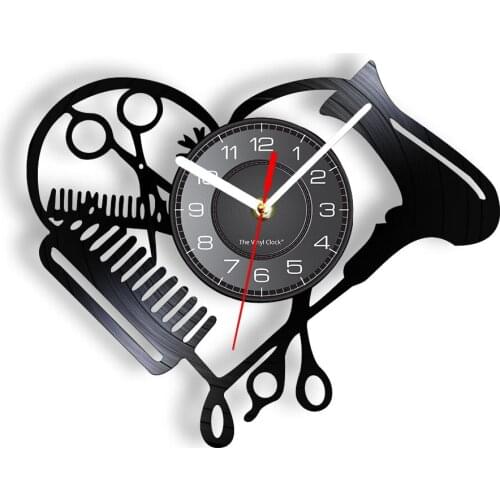 Hairdressing Tools Laser Cut Longplay Wall Clock Haircut Hairdryer Comb Scissors LED Light Vinyl Record Wall Watch Salon Decor