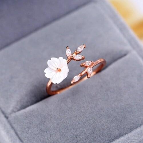 Sweet Crystal Leaf Shell Flower Rings for Women Fashion Cherry Open Adjustable Rings Party Jewelry Gifts