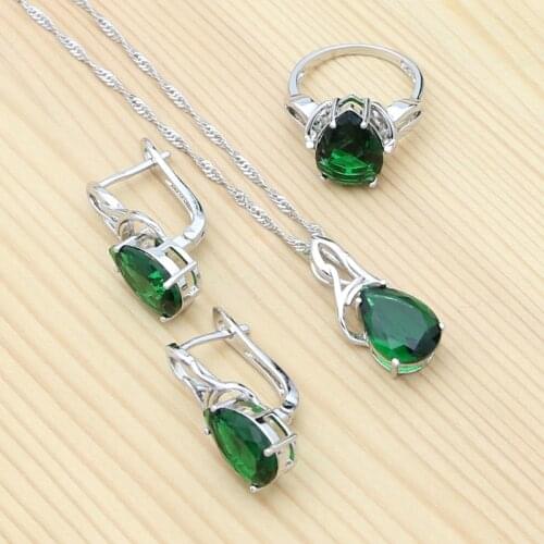 Natural Green Stones 925 Sterling Silver Water Drop Jewelry Set Ring Earrings Chain Pendant for Women Wedding Accessories